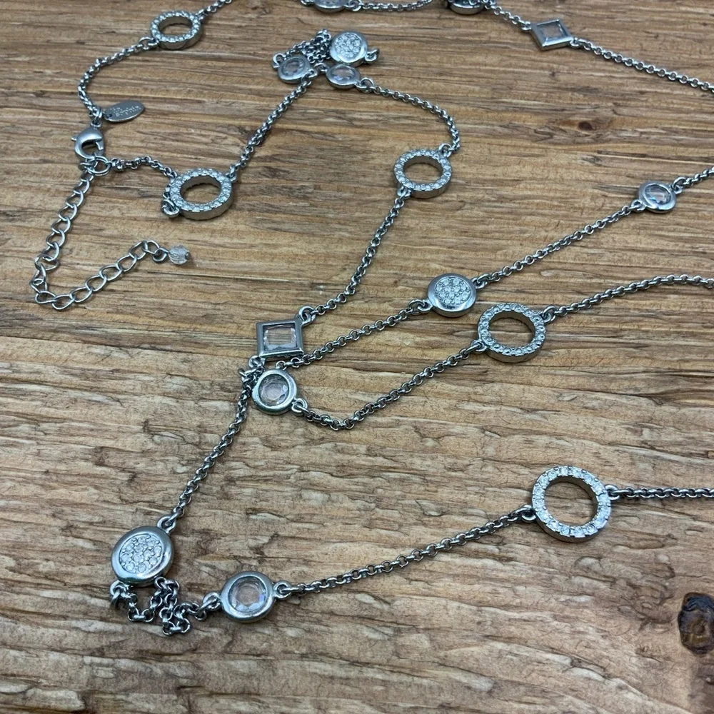 Lia Sophia Long Station Style Geometric Shapes Rhinestone Silver Tone Necklace